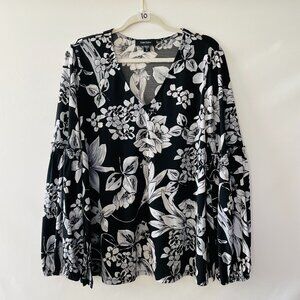 Karen Kane Womens White Black V-Neck Balloon Sleeve Floral Blouse Top Size XL